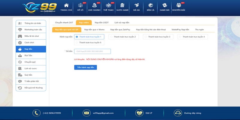 Chi tiết bước nạp tiền VZ99